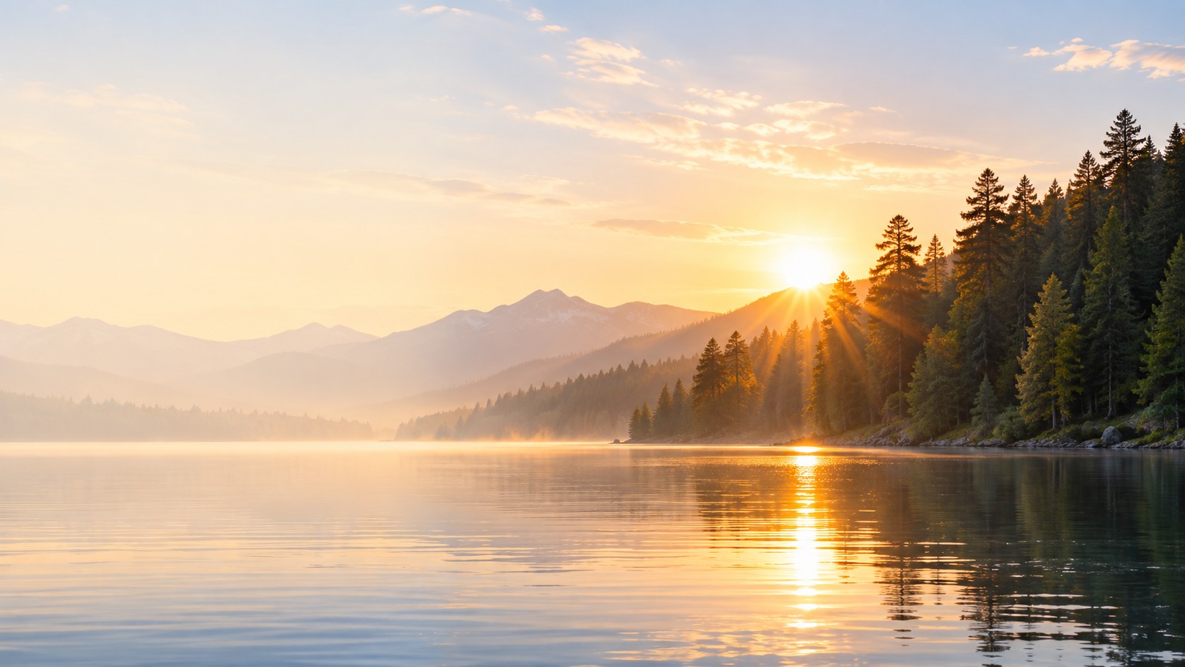 A peaceful mountain lake in the golden light of sunrise