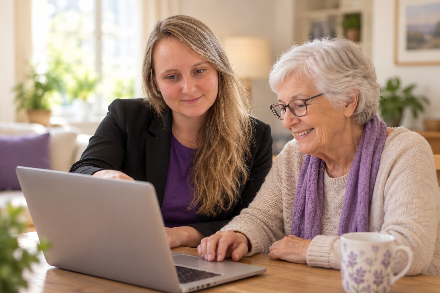 An illustration of Sara helping a woman use a laptop